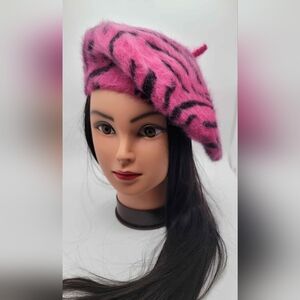 French Beret Fuchsia With Black Stripes
